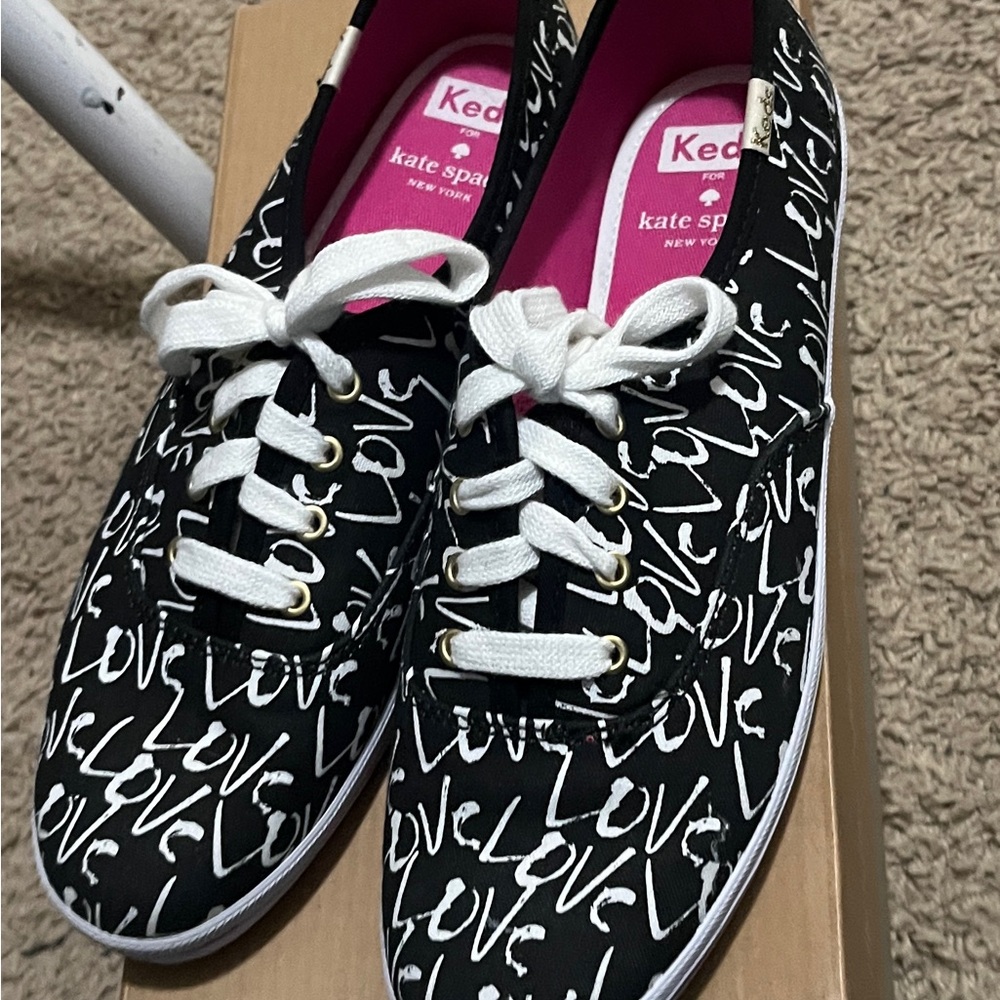 Kate Spade Keds Black and White Love Print Sneakers